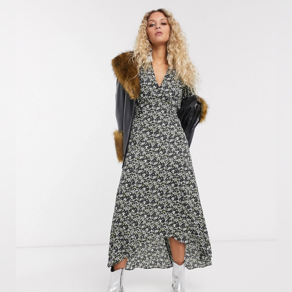 Topshop IDOL v-neck midi dress in green floral size US12 NWOT
